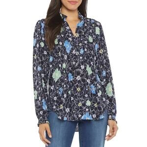 NYDJ Pleated Yoke Peasant Blouse Blue Floral Ruffle Button Up Long Sleeve Sz M